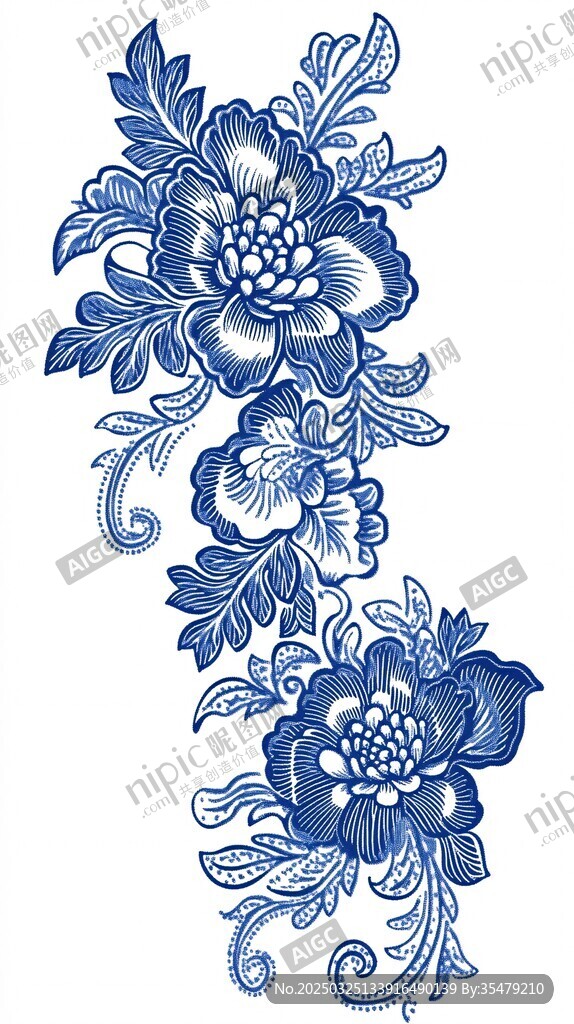 藍色花卉刺繡圖案設計