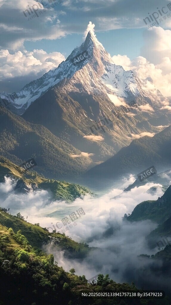巍峨雪山云霧繚繞之景
