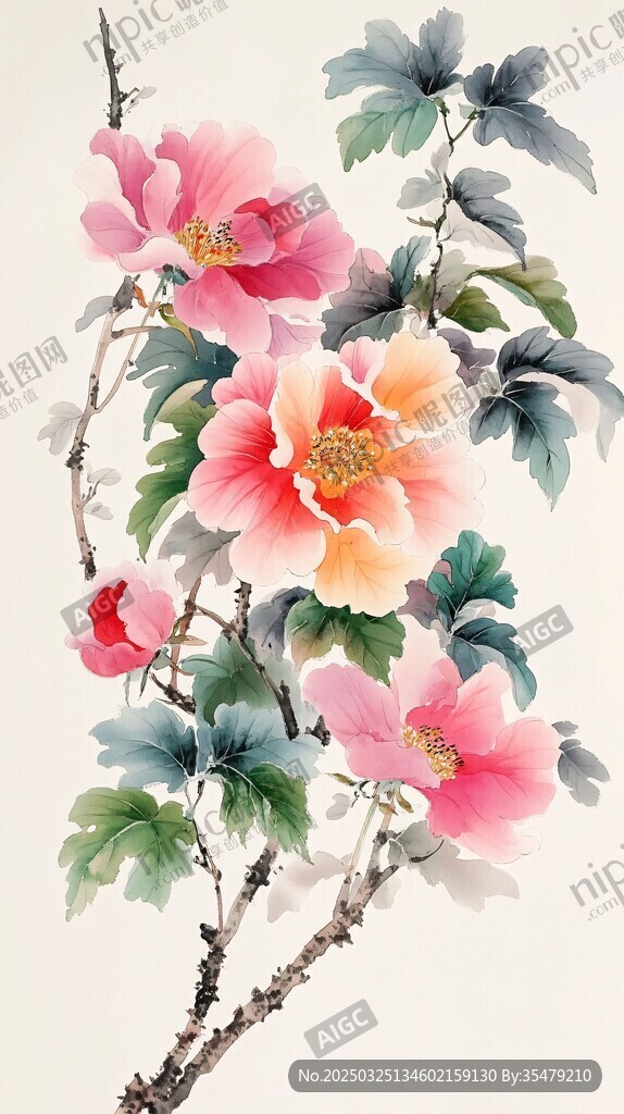 國(guó)畫牡丹花枝圖