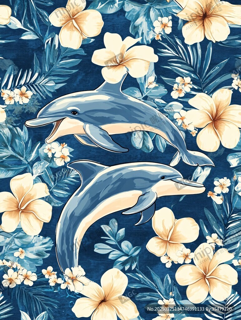 海豚与花卉的海洋风情画 海豚与花卉的海洋风情画