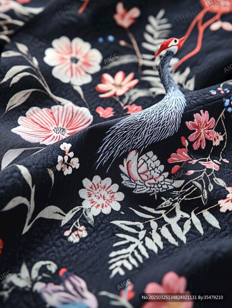 中式刺繡鶴花圖案布料