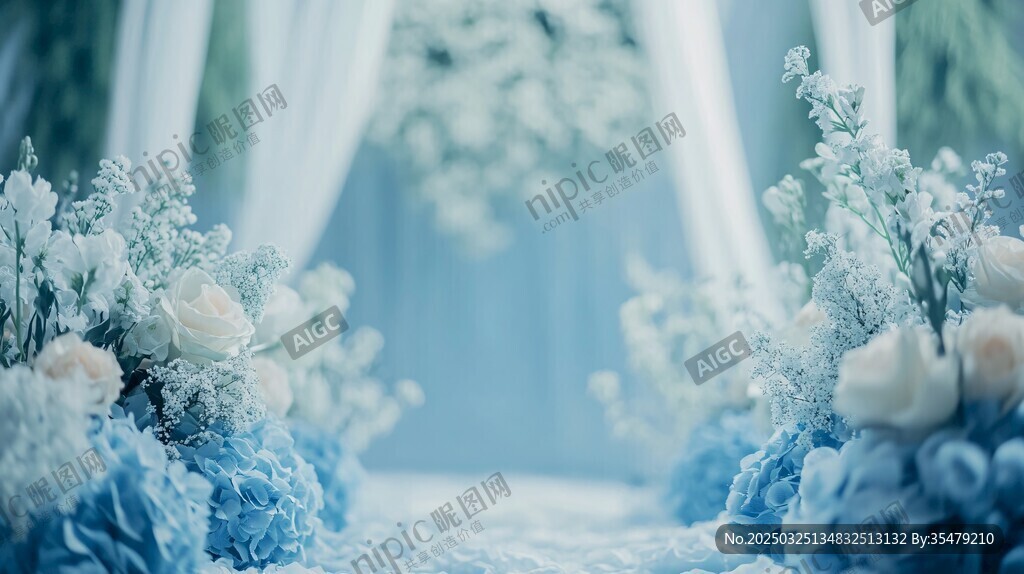 夢(mèng)幻藍(lán)白色婚禮花卉布置