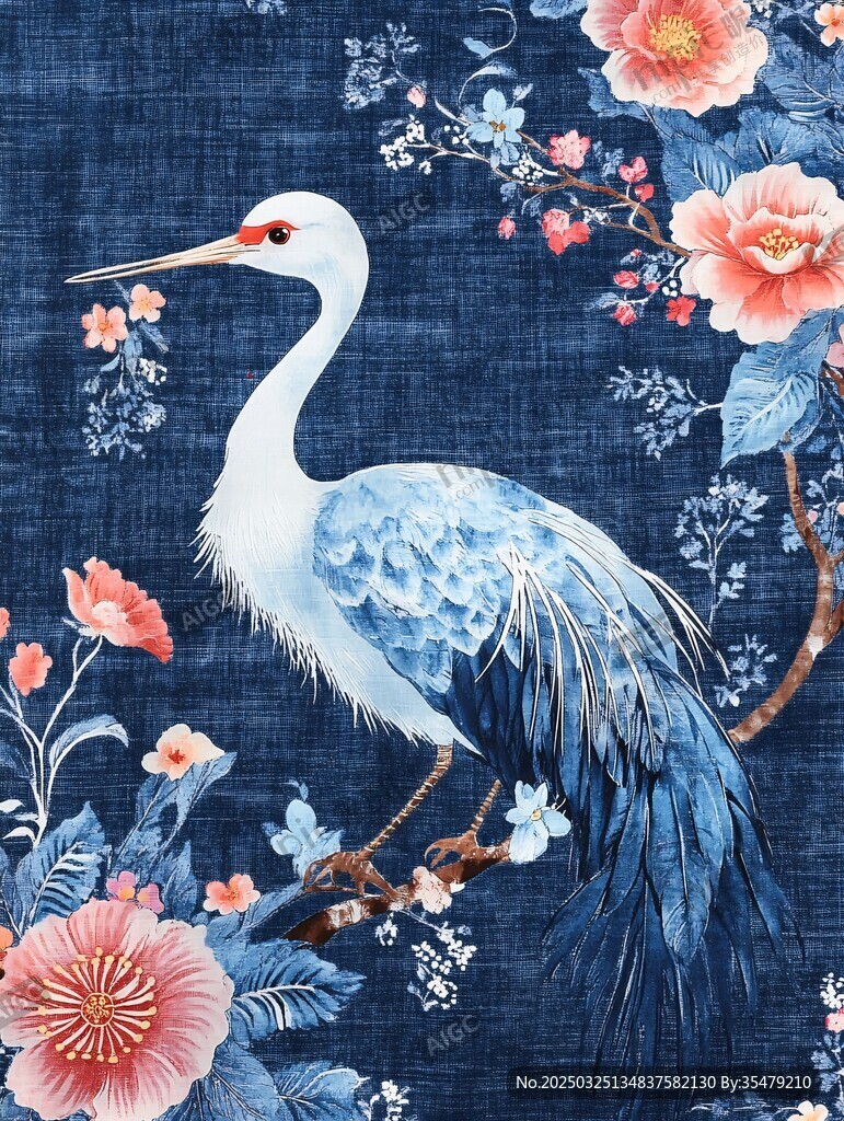 藍底花鳥圖中優(yōu)雅白鶴
