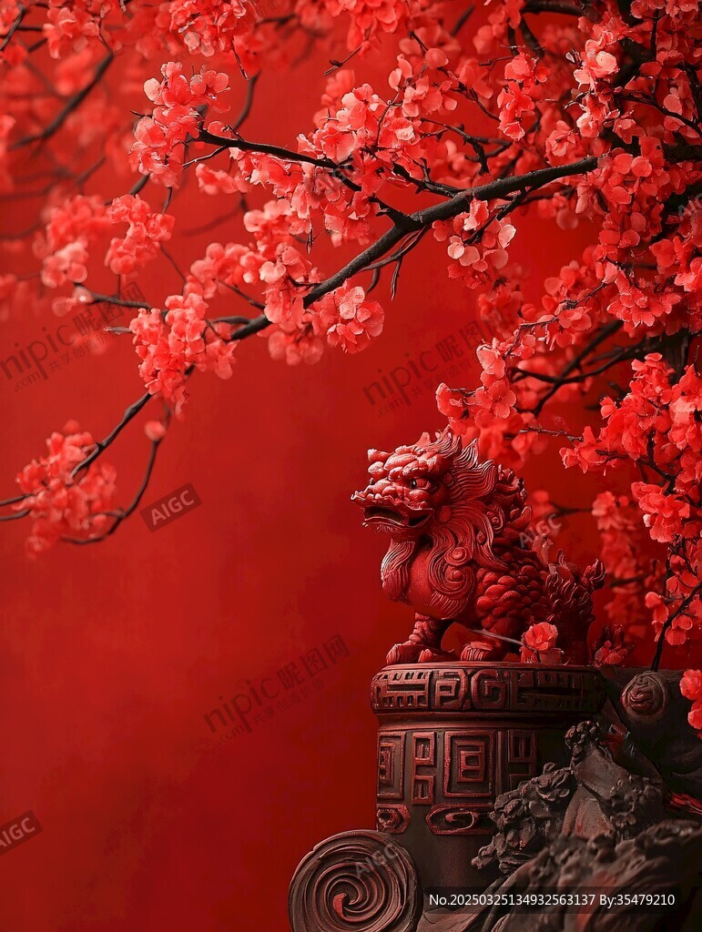 紅梅瑞獸映紅韻