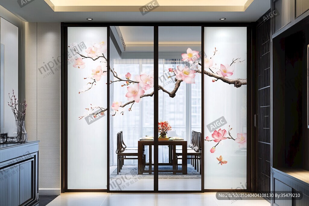 中式客廳櫻花移門(mén)景致
