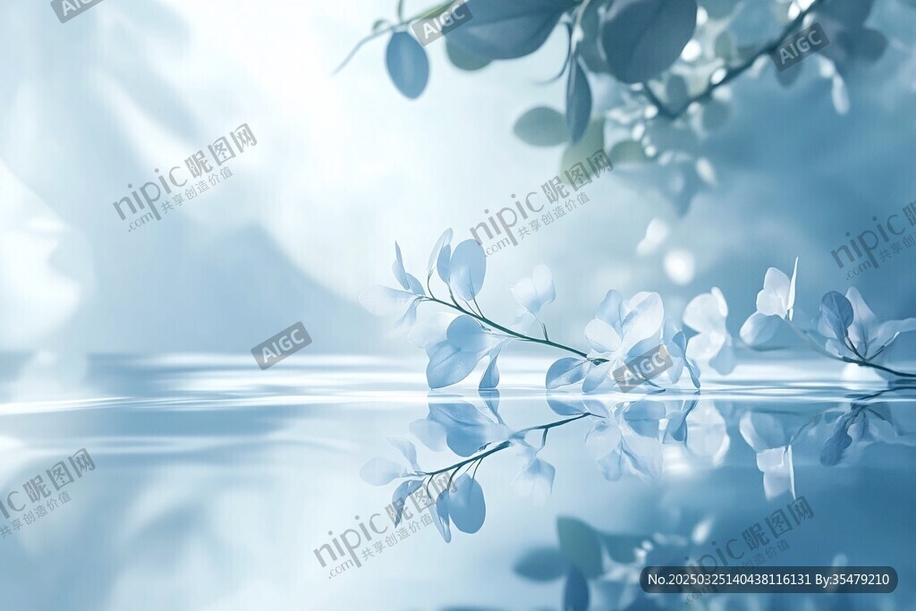 藍(lán)調(diào)清新植物與水面倒影