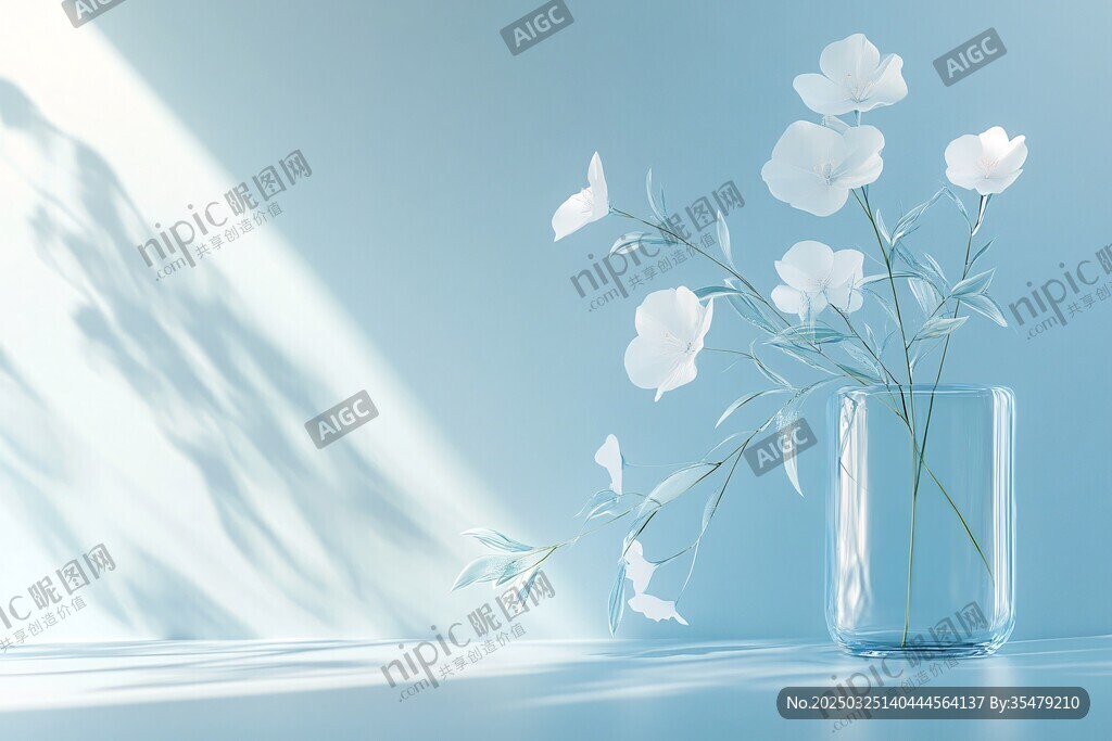 藍(lán)色背景中的清新白花擺件