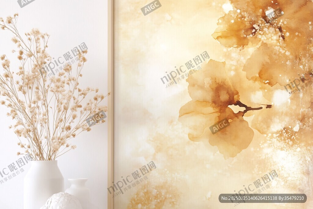金色花卉壁畫與素雅花瓶
