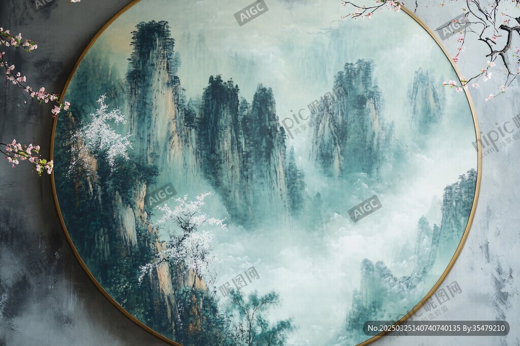 中式山水圓形裝飾畫