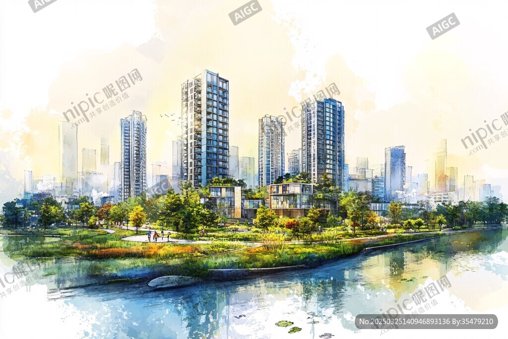 河畔都市景觀水彩畫