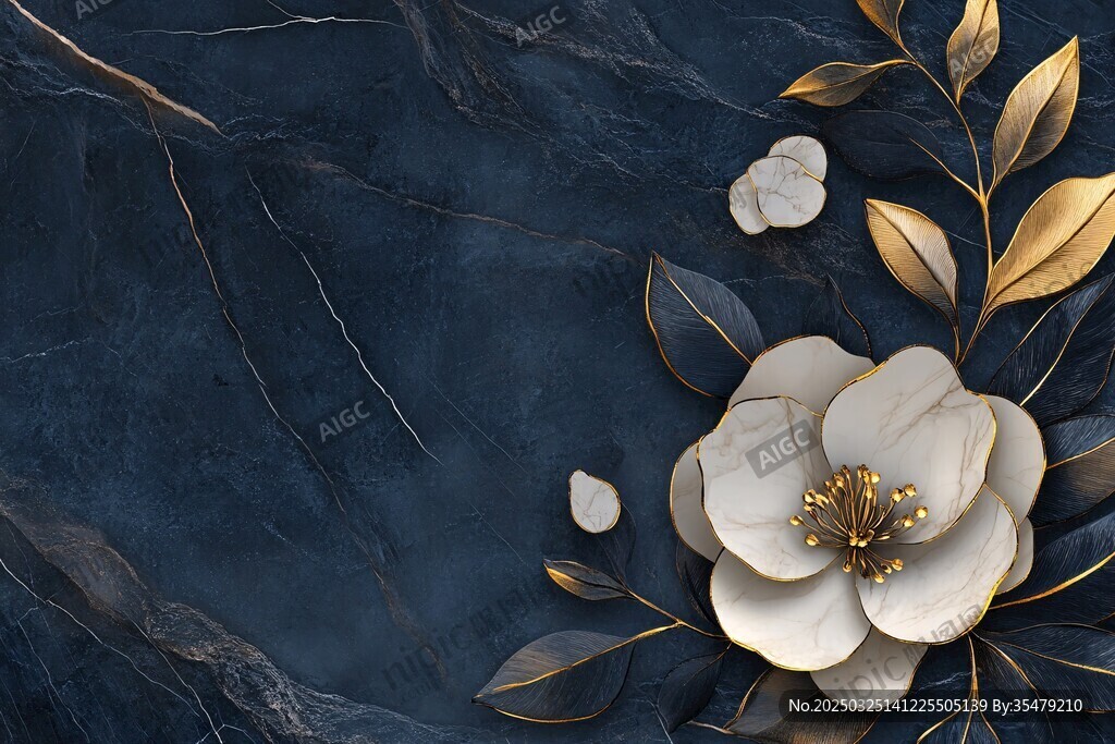 深藍(lán)背景上的金葉白花