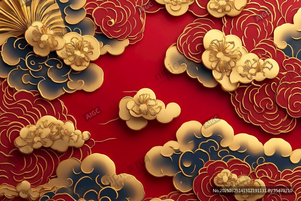中式金紅祥云傳統紋飾