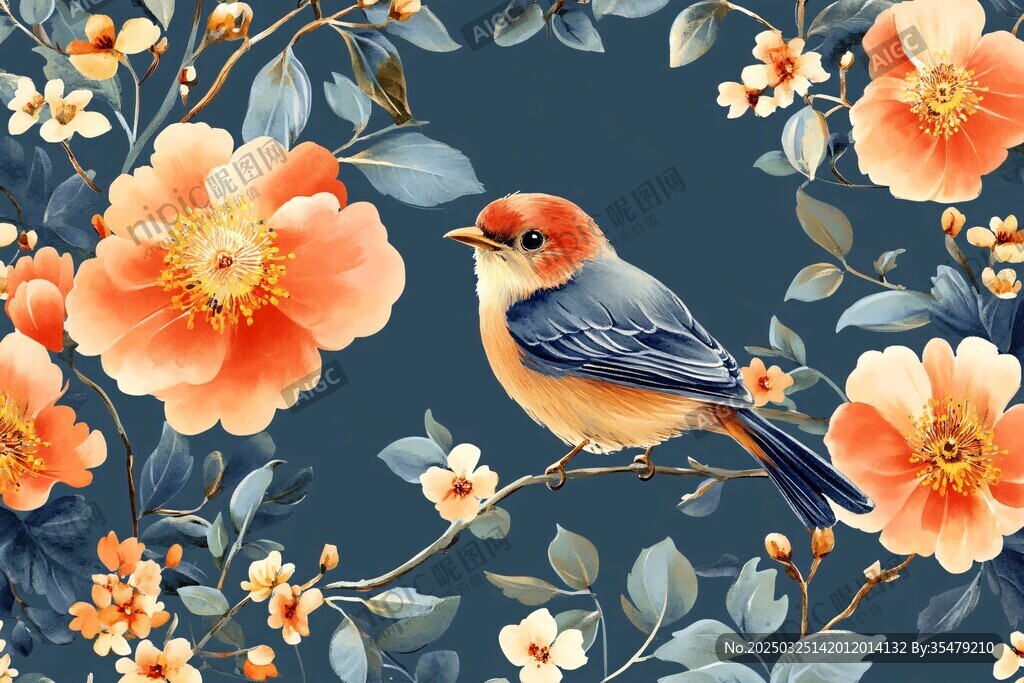 花鳥(niǎo)圖 小鳥(niǎo)棲于繁花間