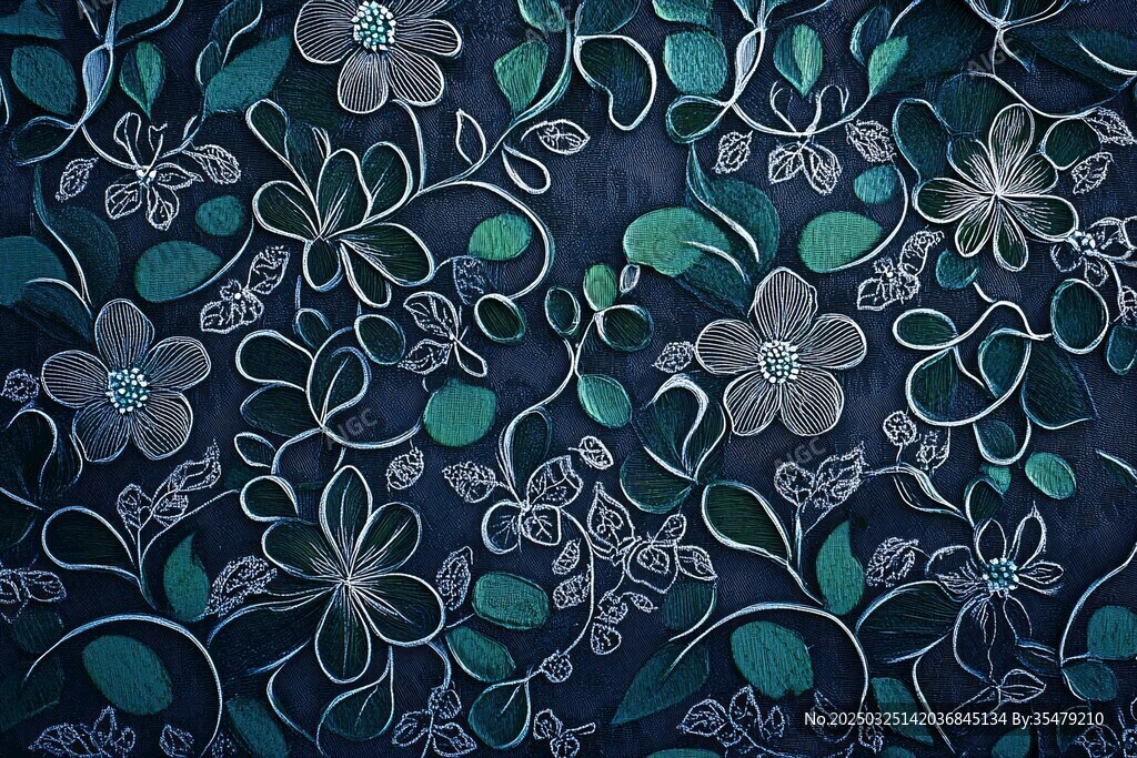 深綠底花卉刺繡圖案布料