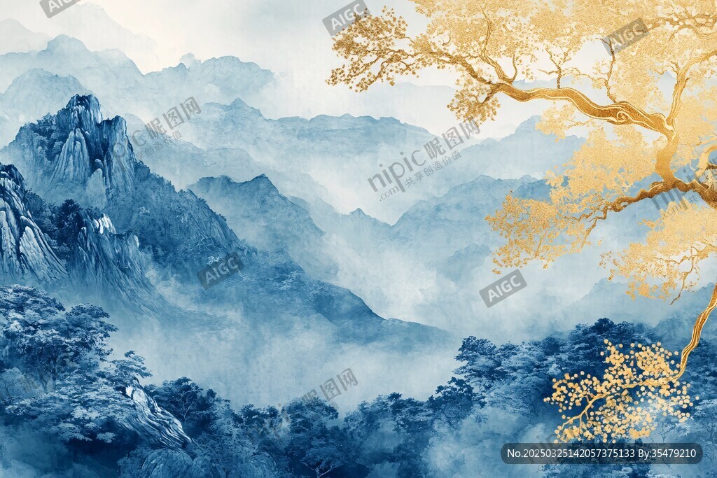 水墨山水間的金黃孤樹