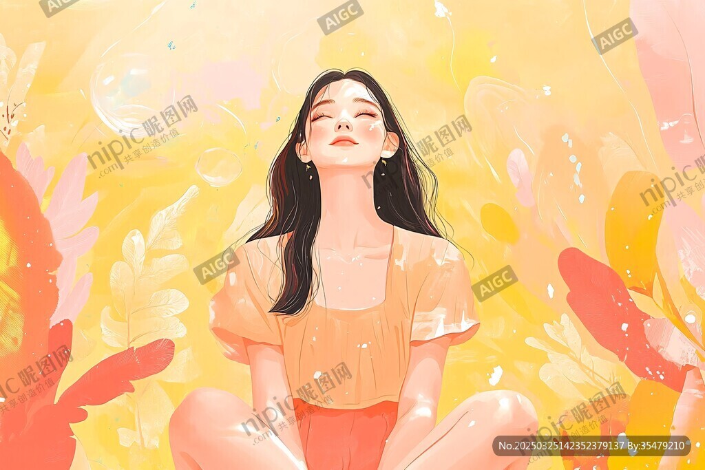 女孩靜坐于夢幻花草間