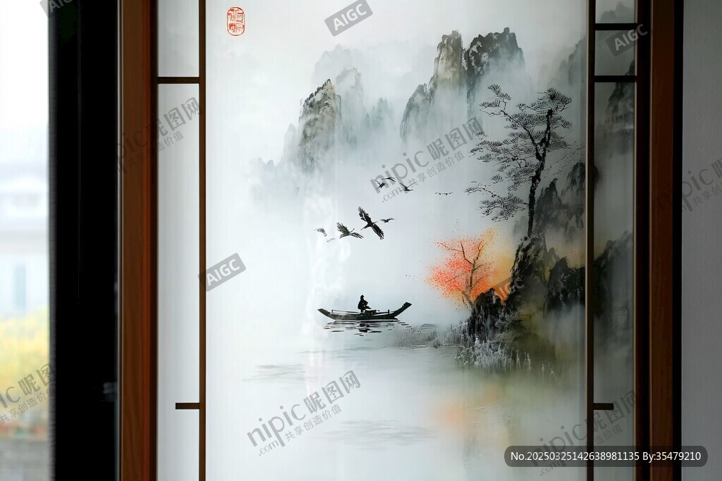 中式水墨山水意境屏風畫