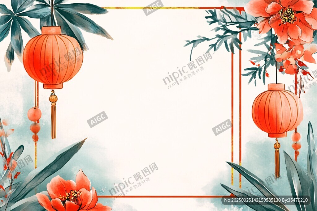 中式花卉燈籠邊框背景圖