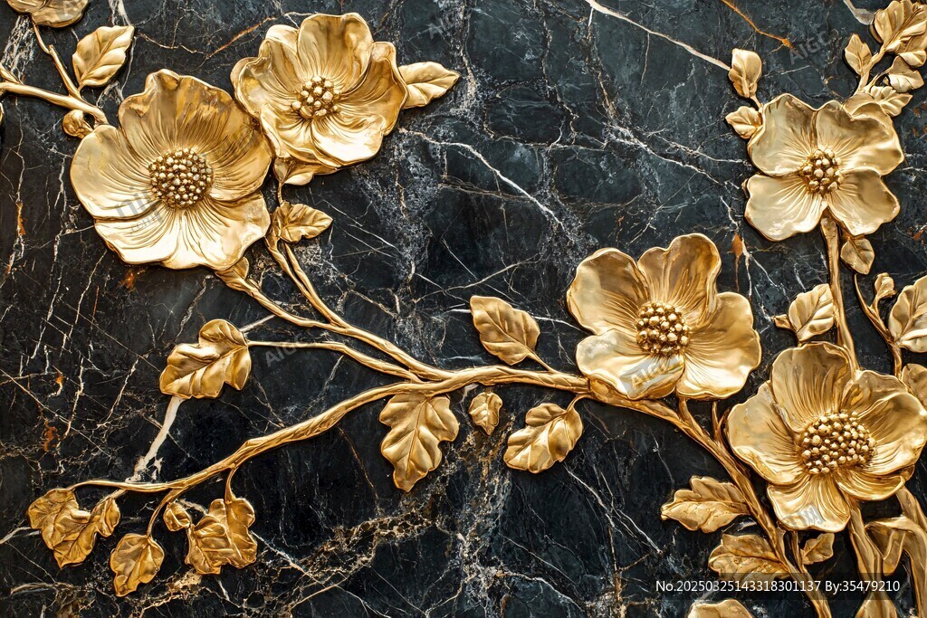 黑金大理石上的金色花卉