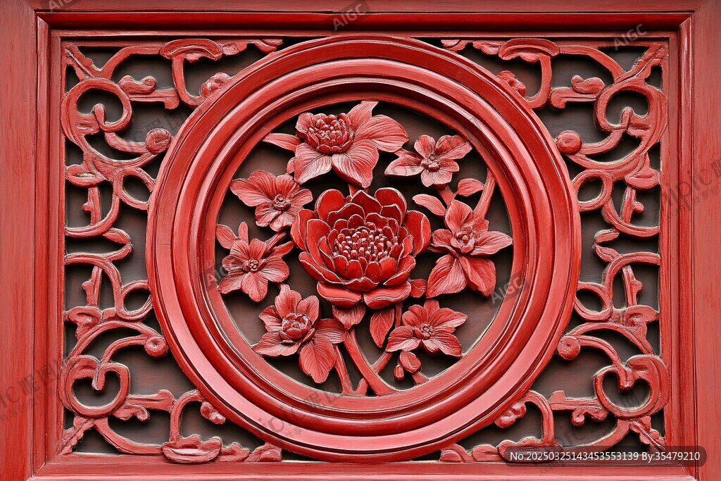 中式紅雕花窗 牡丹圖案