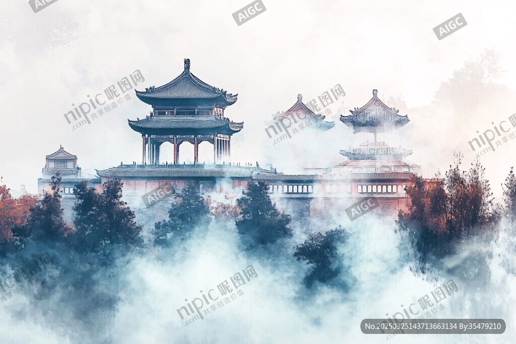 云霧中的古典樓閣美景