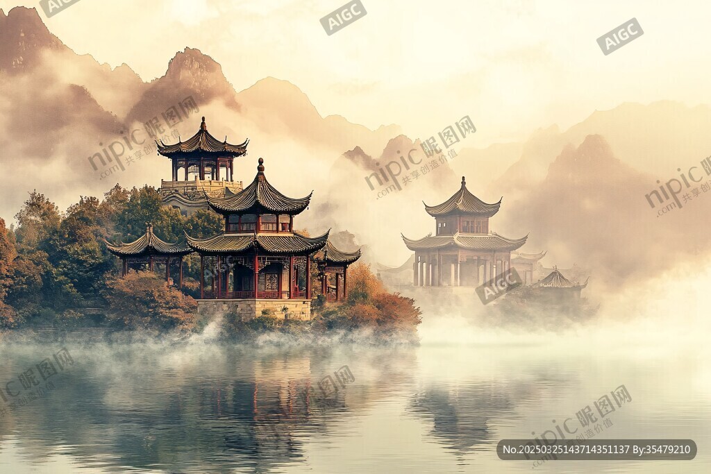 水墨山水間的古韻樓閣