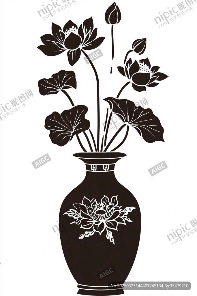 花瓶插荷花黑白圖案