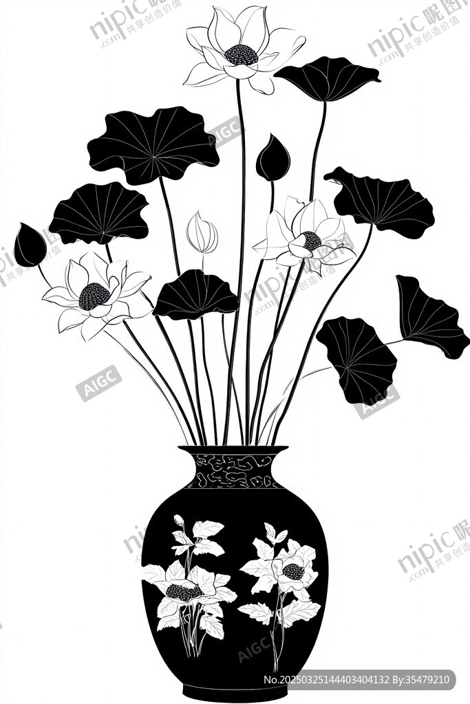 中式花瓶插荷黑白裝飾畫
