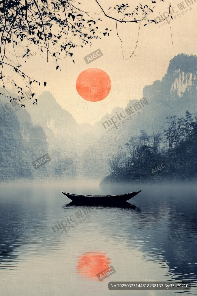 日暮江景孤舟圖