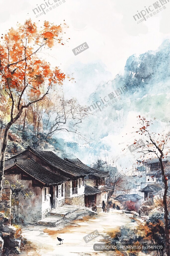 秋韻山村水墨畫