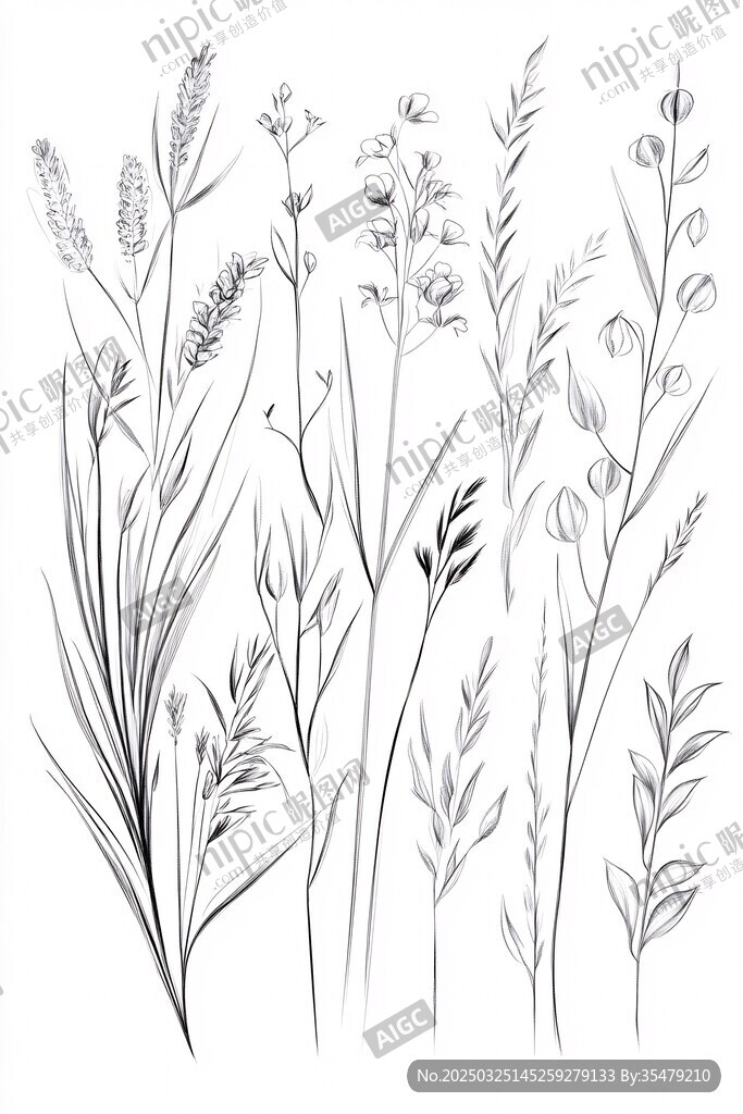 手繪草本植物線條插畫