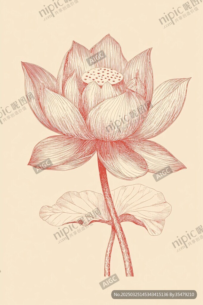 手繪古風紅蓮花圖案