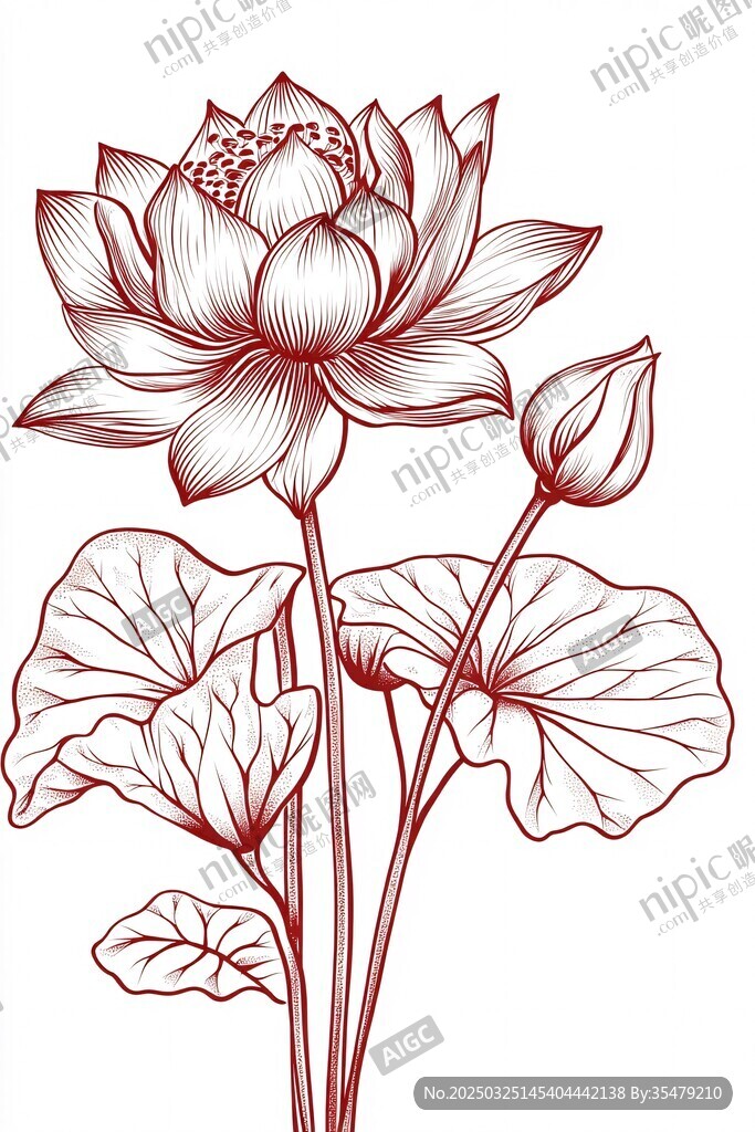 中式手繪荷花線條插畫