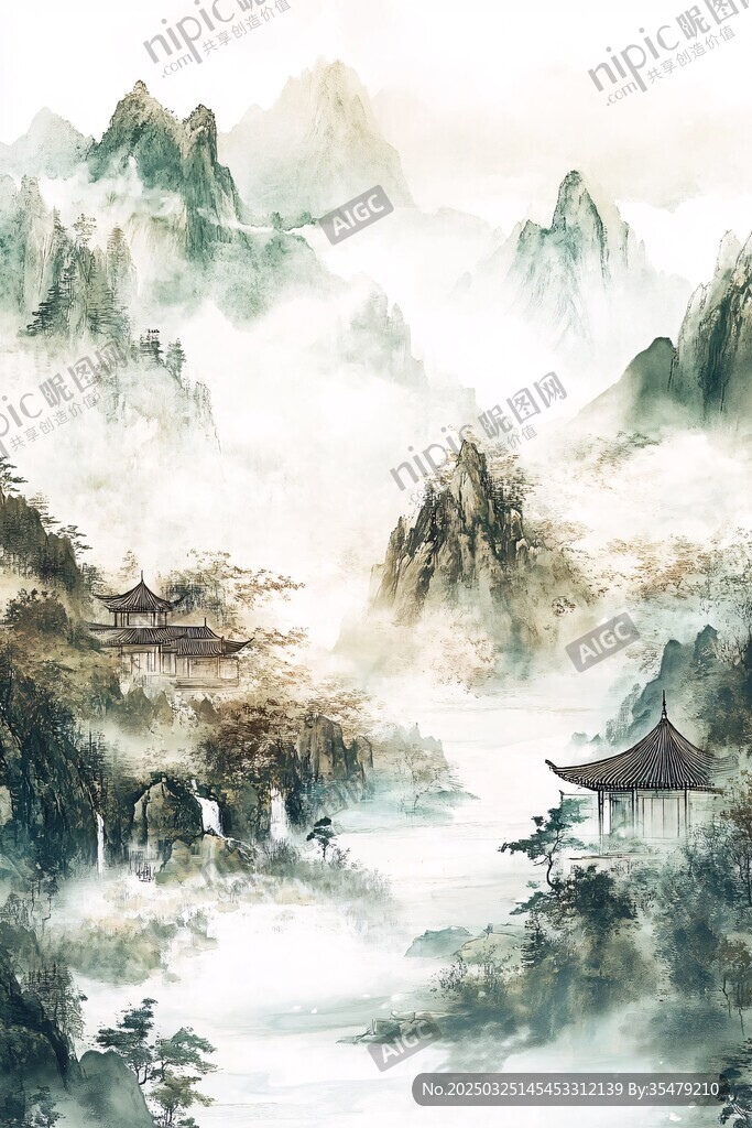 水墨山水間的古韻樓閣