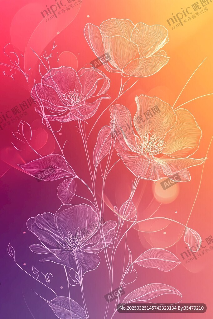 夢幻漸變背景下的線描花卉