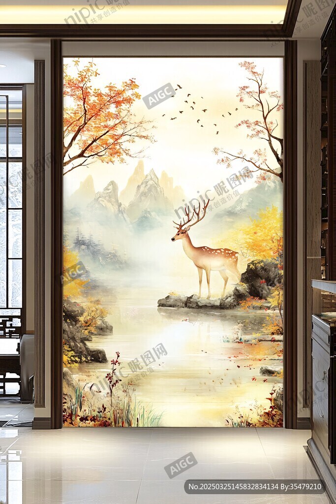 中式玄關(guān)處的鹿景山水圖