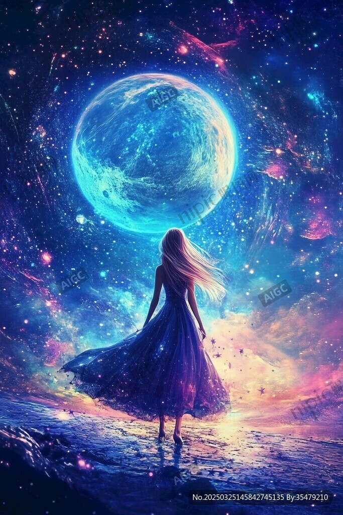 少女凝望夢幻星空之月