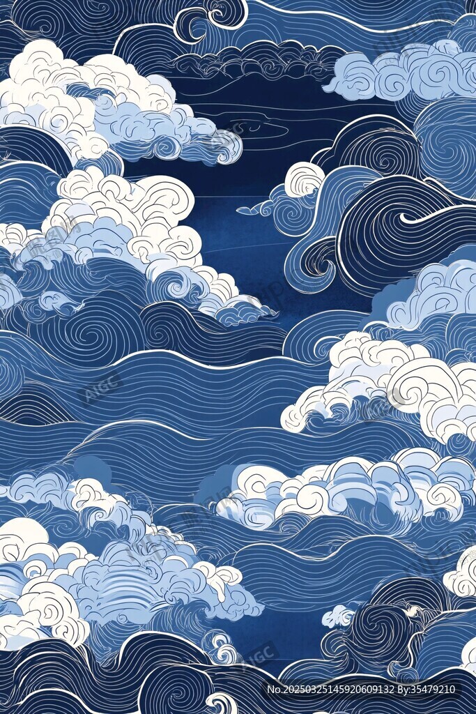藍(lán)白云海中式風(fēng)圖案