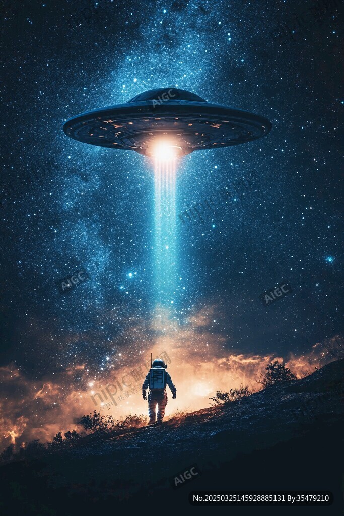宇航員與空中UFO奇幻景象