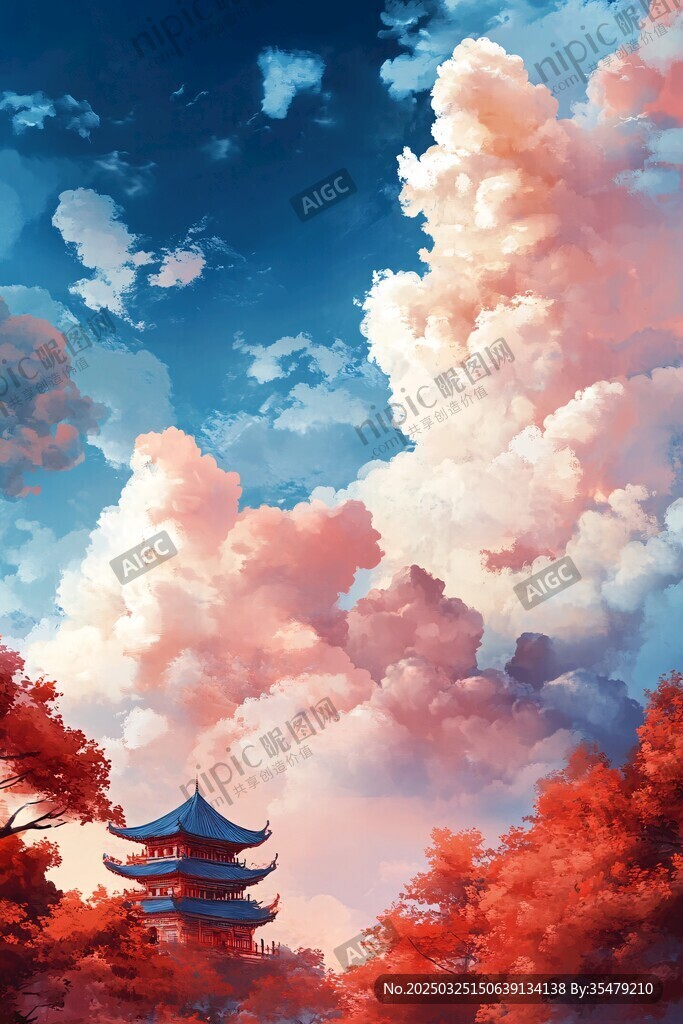 古風(fēng)樓閣映于絢爛云霞間