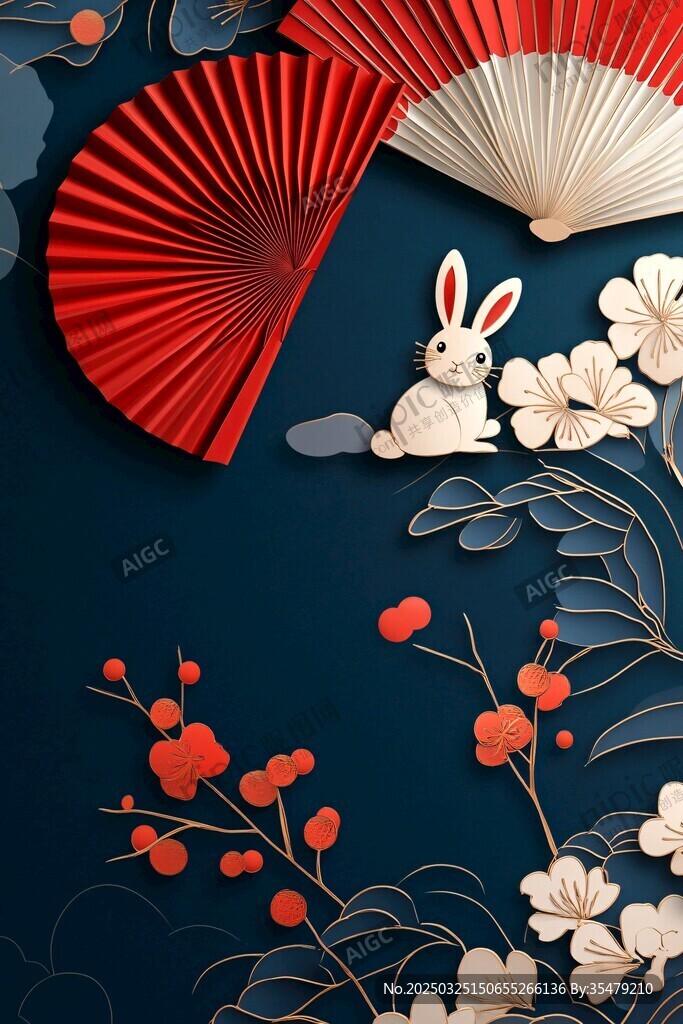 兔年折扇花卉裝飾插畫