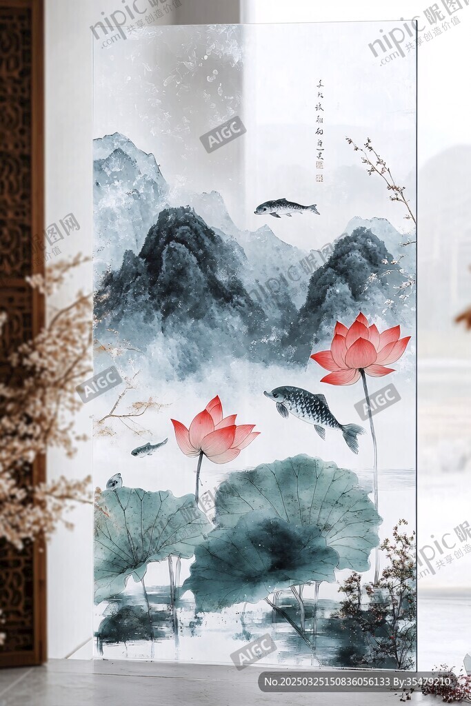 中式水墨荷花山水屏風畫