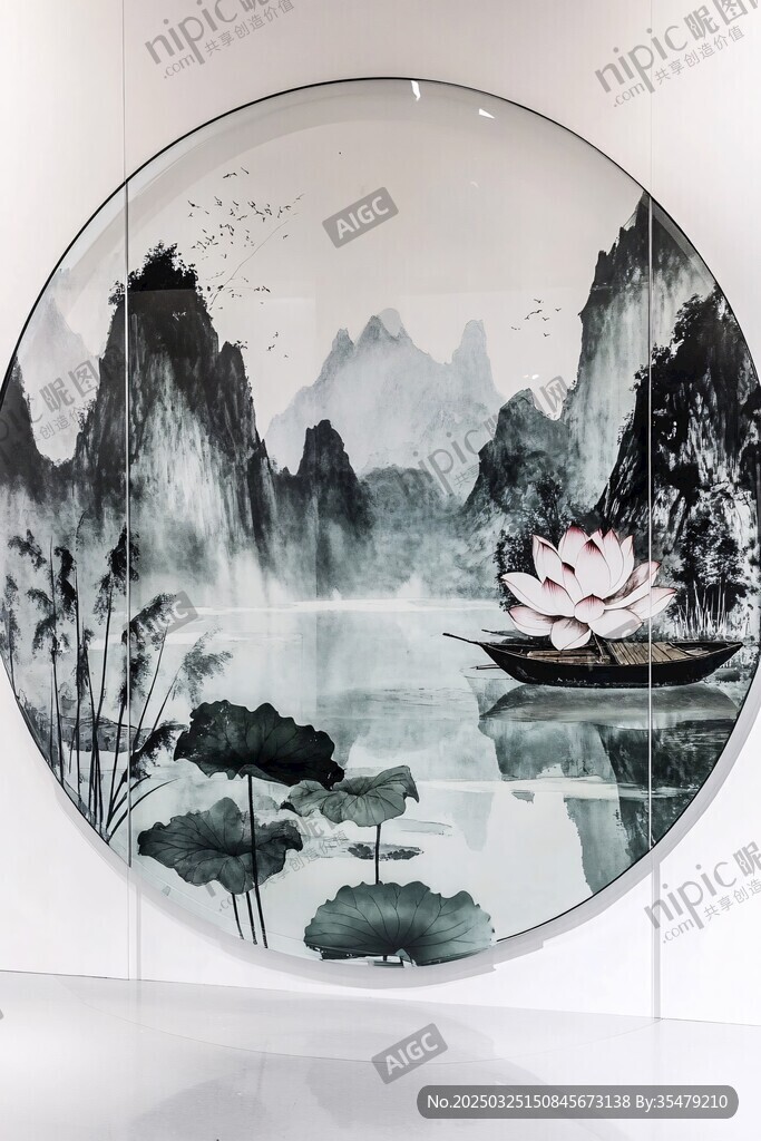 中式水墨山水圓形裝飾畫