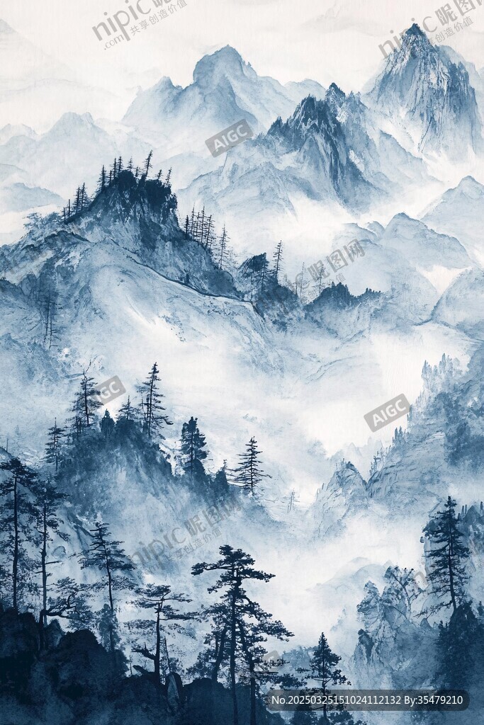 水墨山川間的縹緲松林