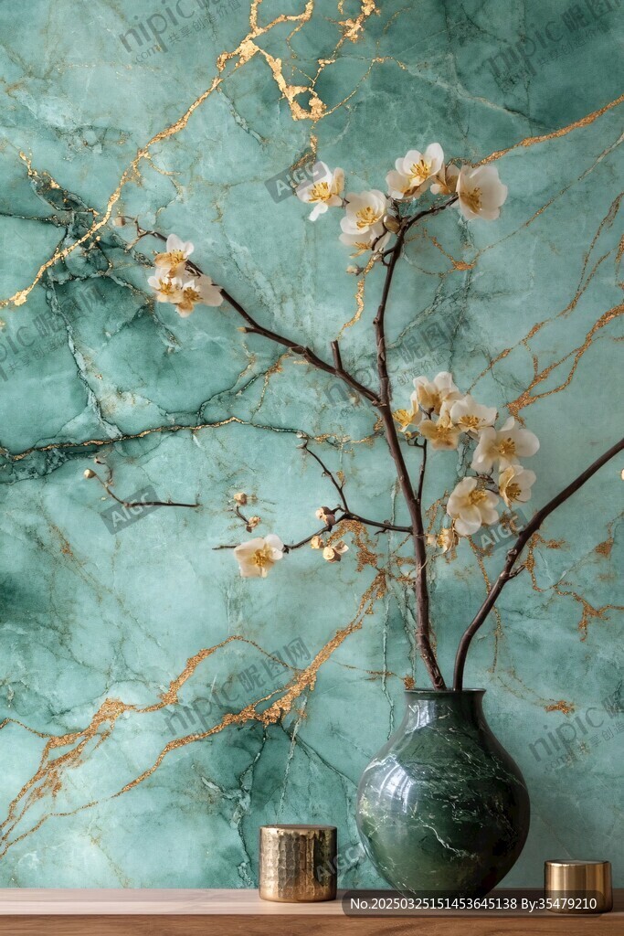 綠金大理石背景插花景致