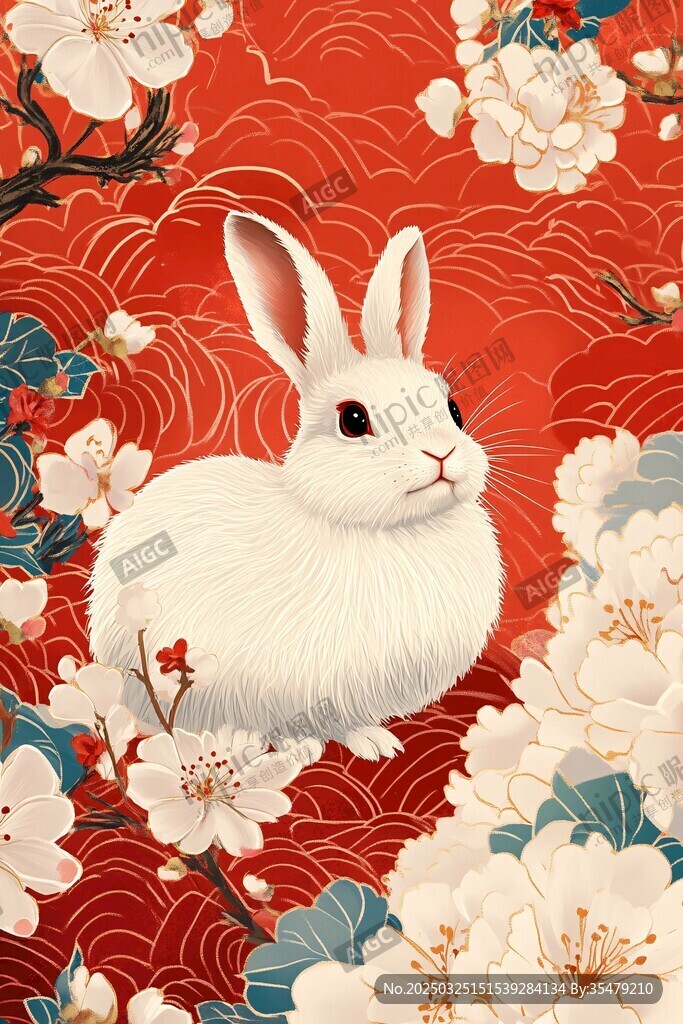 白兔棲于繁花紅底間