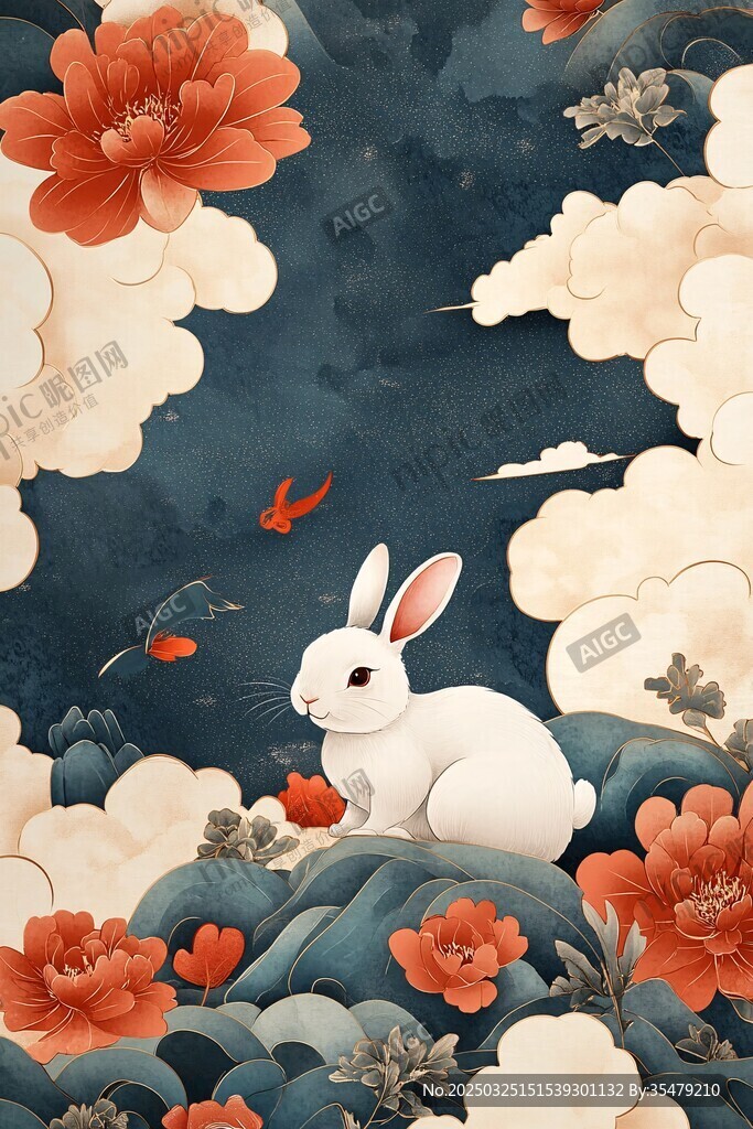 玉兔伴花棲 云間呈祥瑞