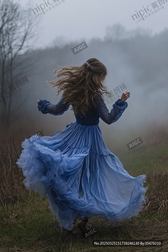 霧中藍裙少女輕盈起舞