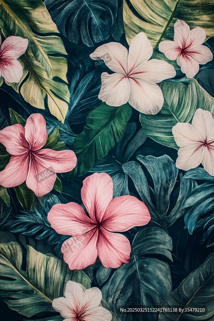 粉色雞蛋花與熱帶綠葉圖案