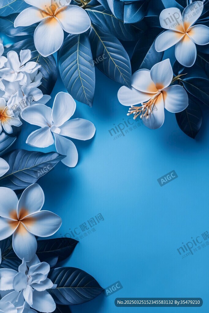 藍(lán)底白花卉的清新景致